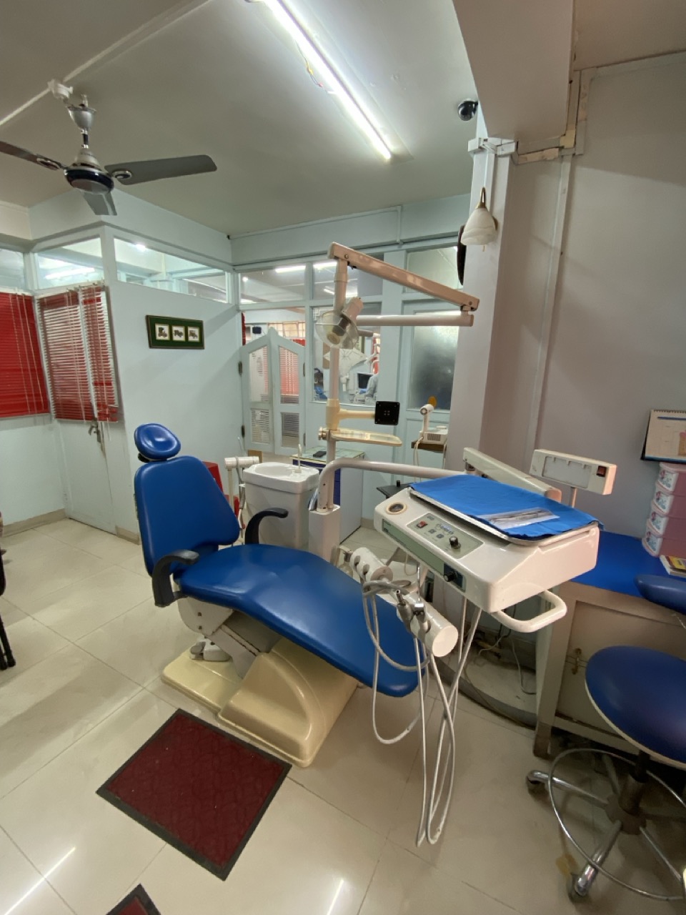 Close-up of dental chair and operatory light