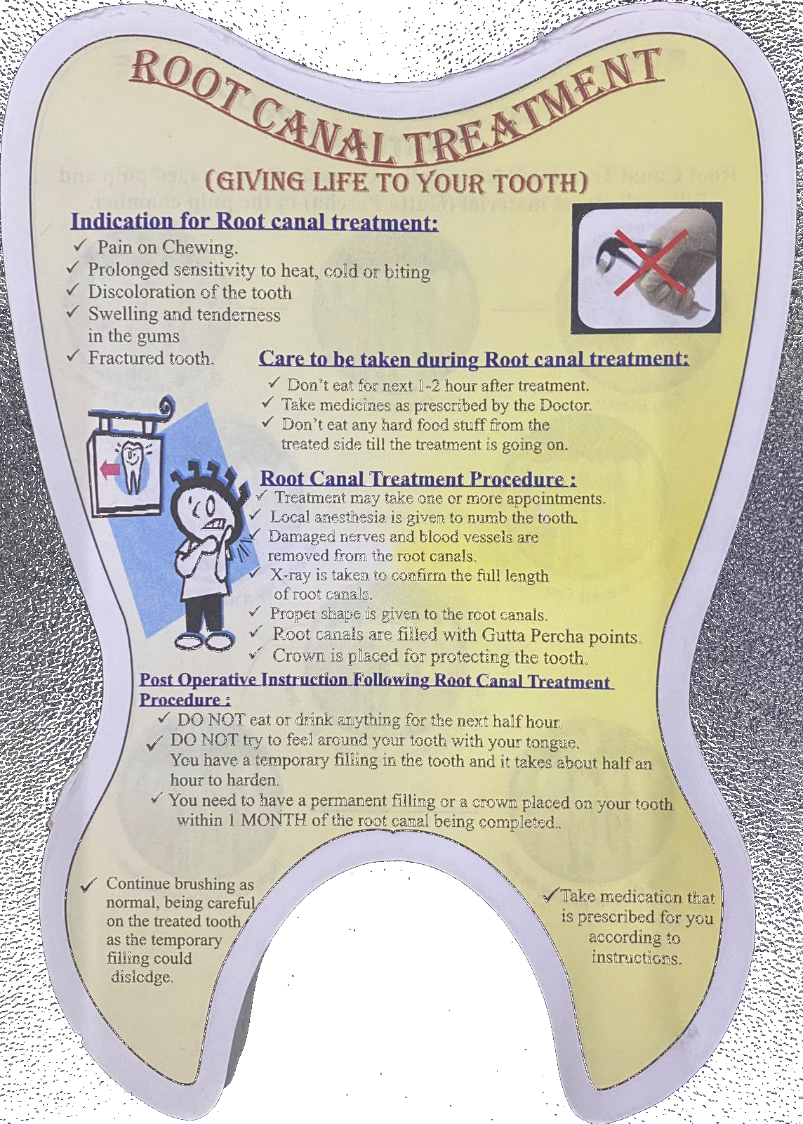 Tooth-shaped visual guide showing root canal treatment indications, in-treatment care, and post-operative instructions