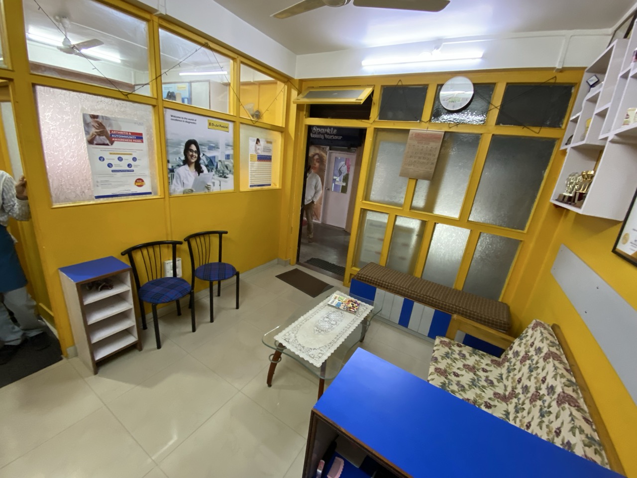 Reception area with floral decor and seating